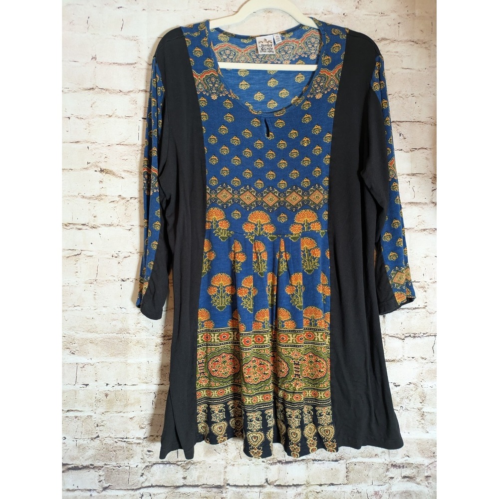 Parsley & Sage Boho Top XL Flowy Stretch Long Line Mixed Print Jersey